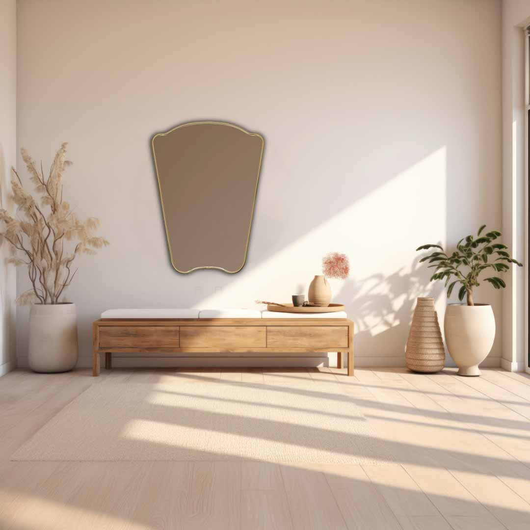 Irregular Mirror hanging on bathroom , brass faucet and sink