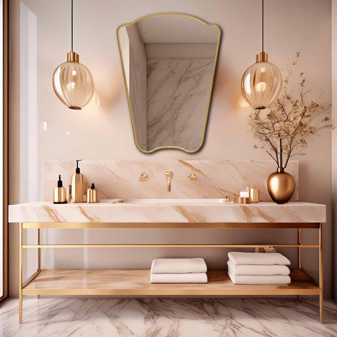 Irregular Mirror hanging on bathroom , brass faucet and sink