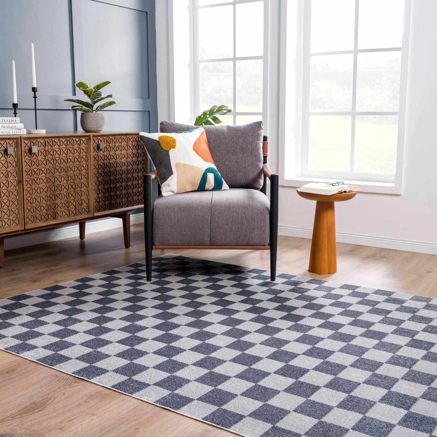 Blue and Gray Washable Checkered Rug - Stylish Home Decor Accent