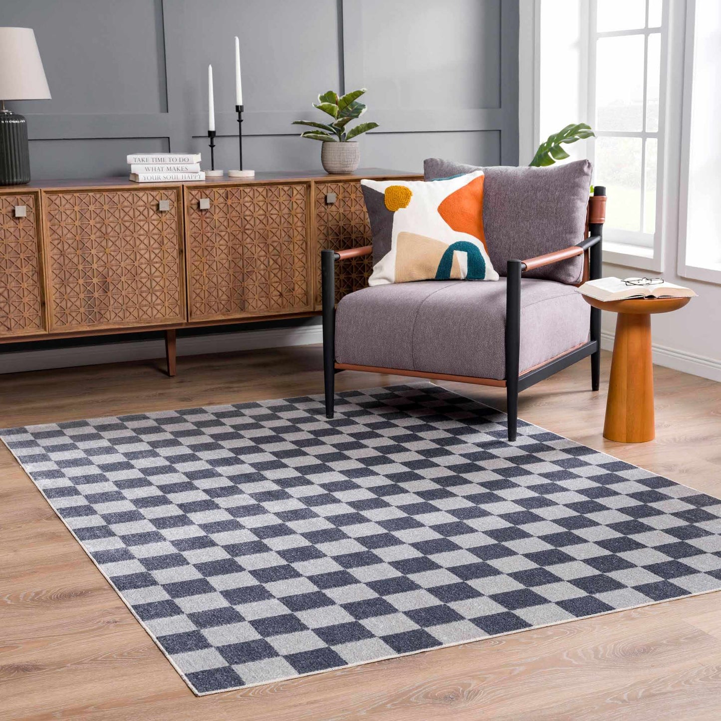 Blue and Gray Washable Checkered Rug - Stylish Home Decor Accent
