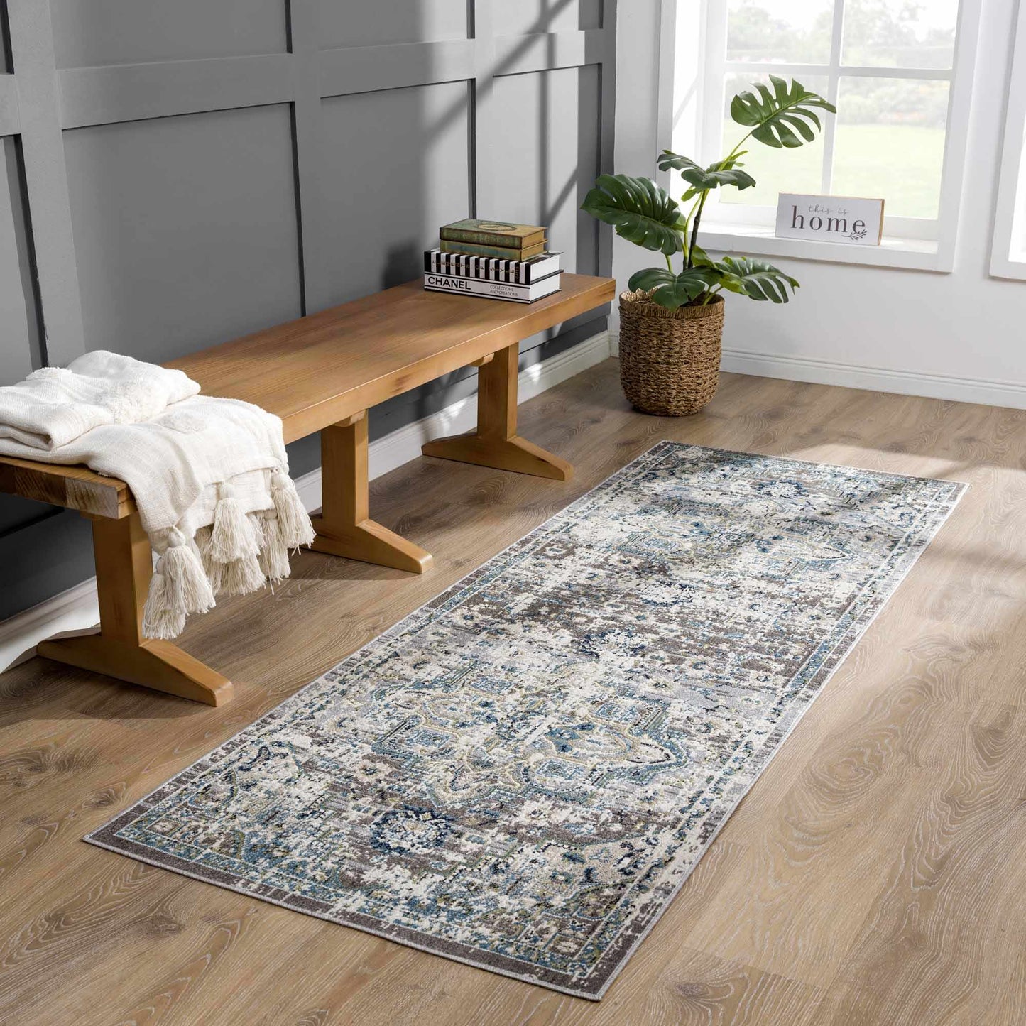 Washable Gray Blue Area Rug - Modern Home Decor Accent