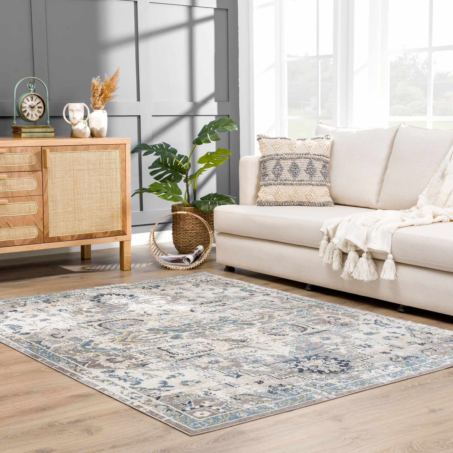 Washable Gray Blue Area Rug - Modern Home Decor Accent