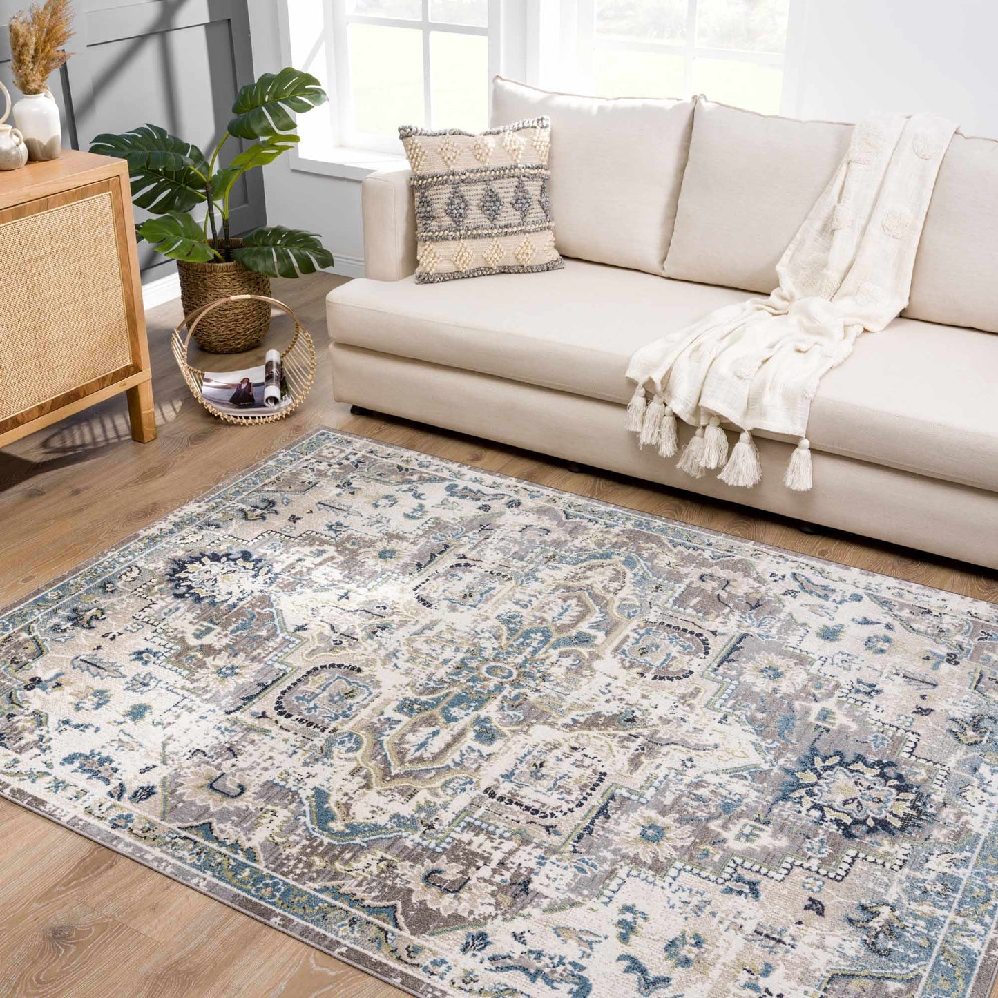 Washable Gray Blue Area Rug - Modern Home Decor Accent