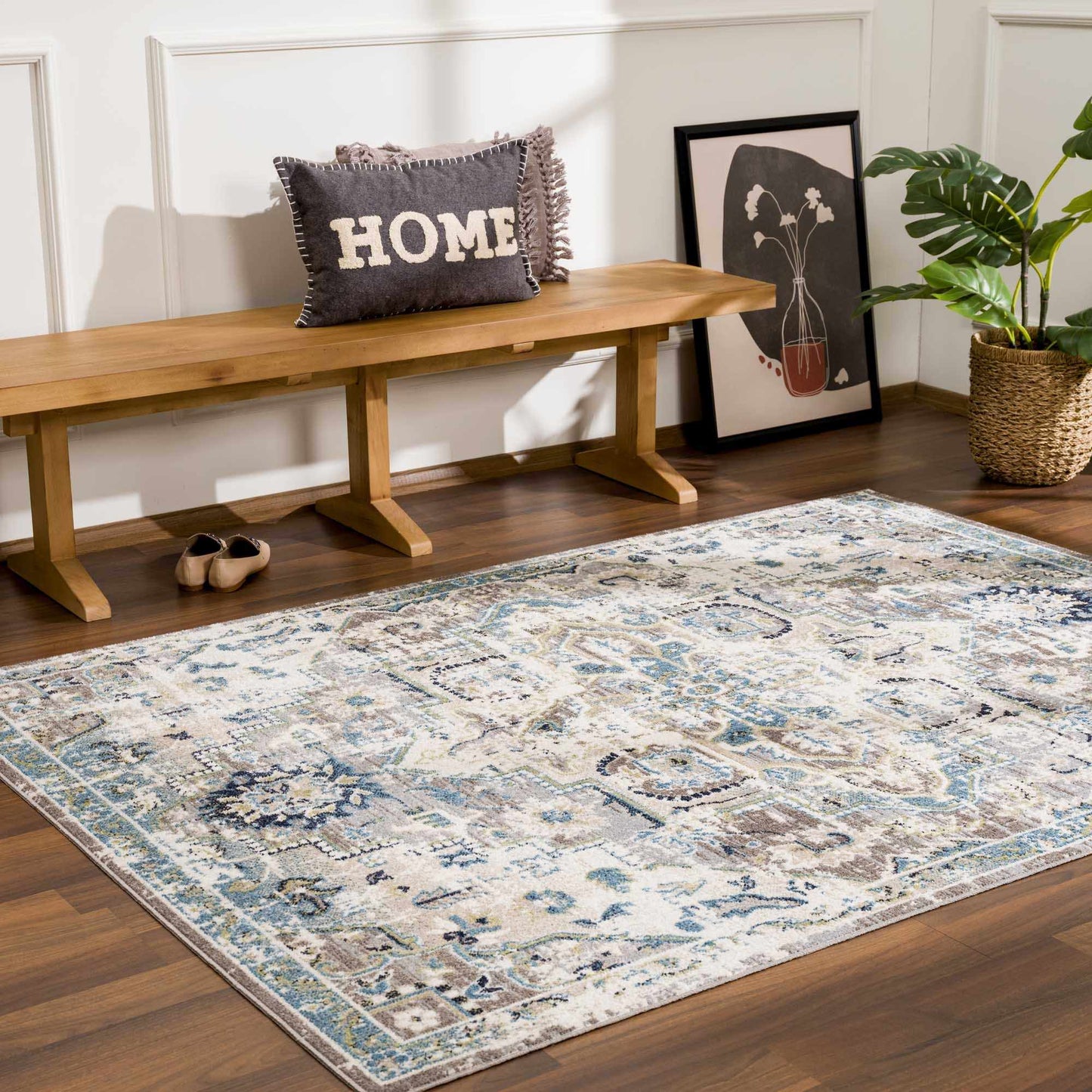 Washable Gray Blue Area Rug - Modern Home Decor Accent