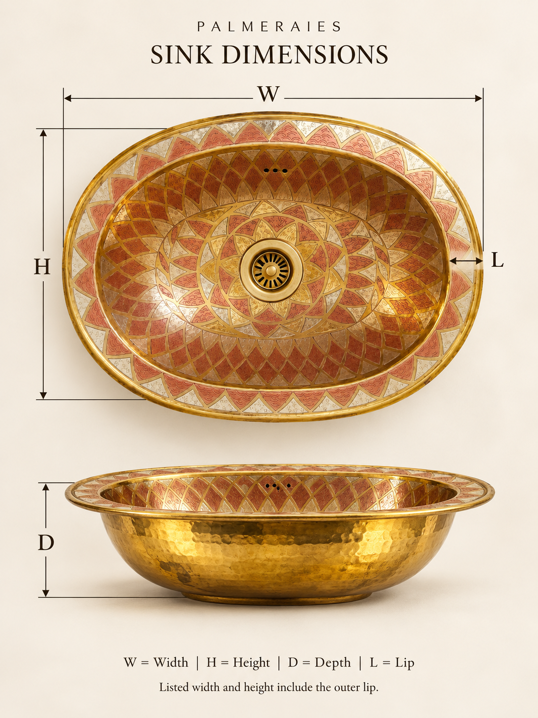 Dimension diagram of an oval brass sink with copper and silver geometric patterns, showing top and side views labeled width, height, depth, and lip. Width and height include the outer lip.