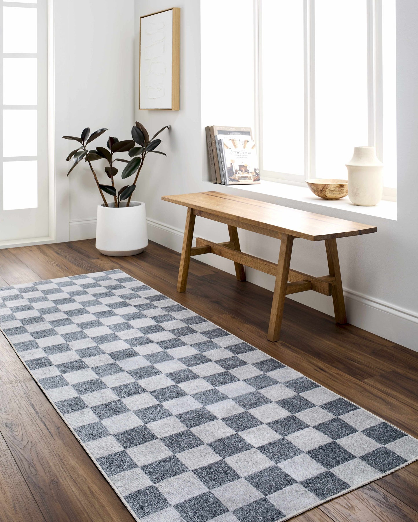 Blue and Gray Washable Checkered Rug - Stylish Home Decor Accent