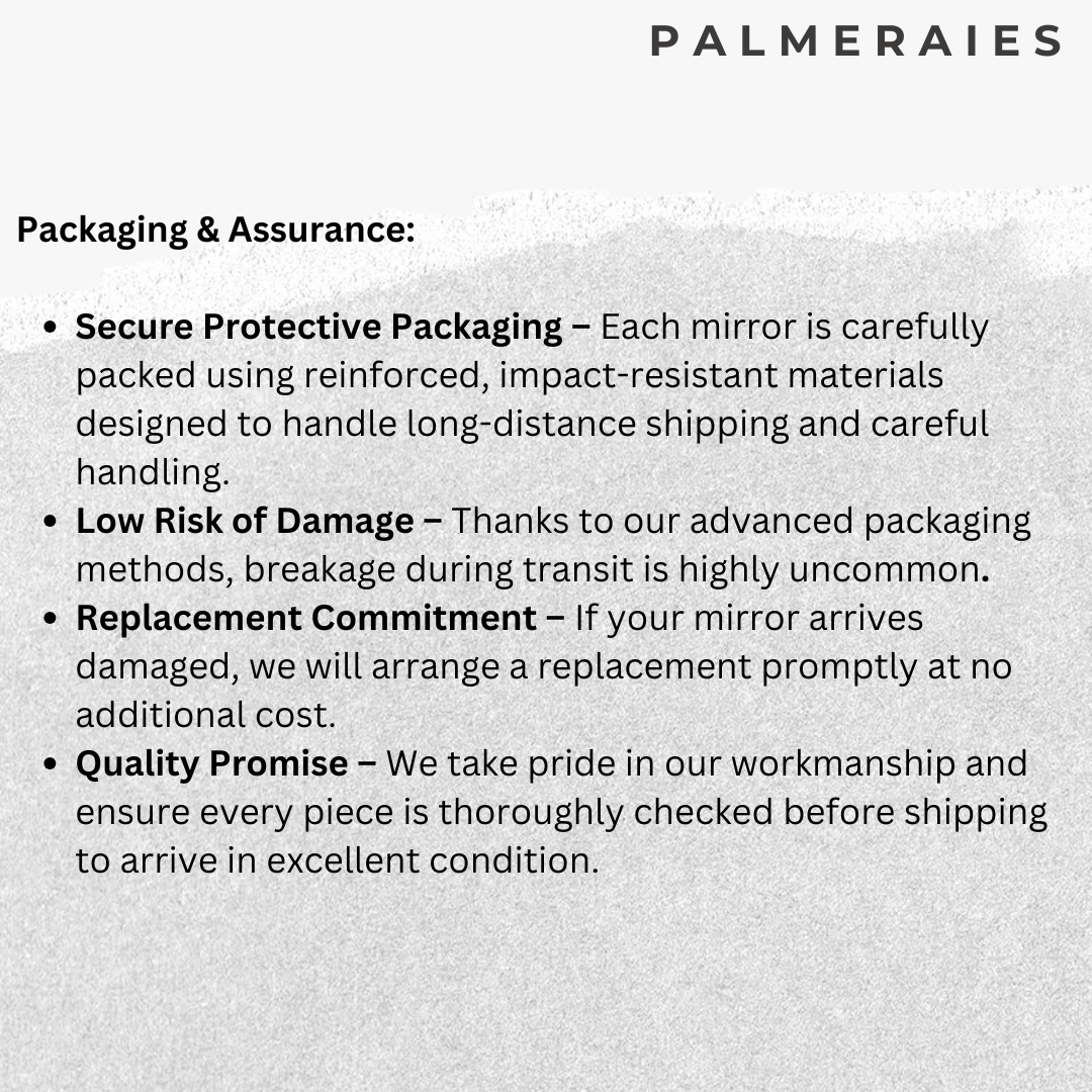 Text detailing Palmeraies packaging and assurance policies on a gray background.