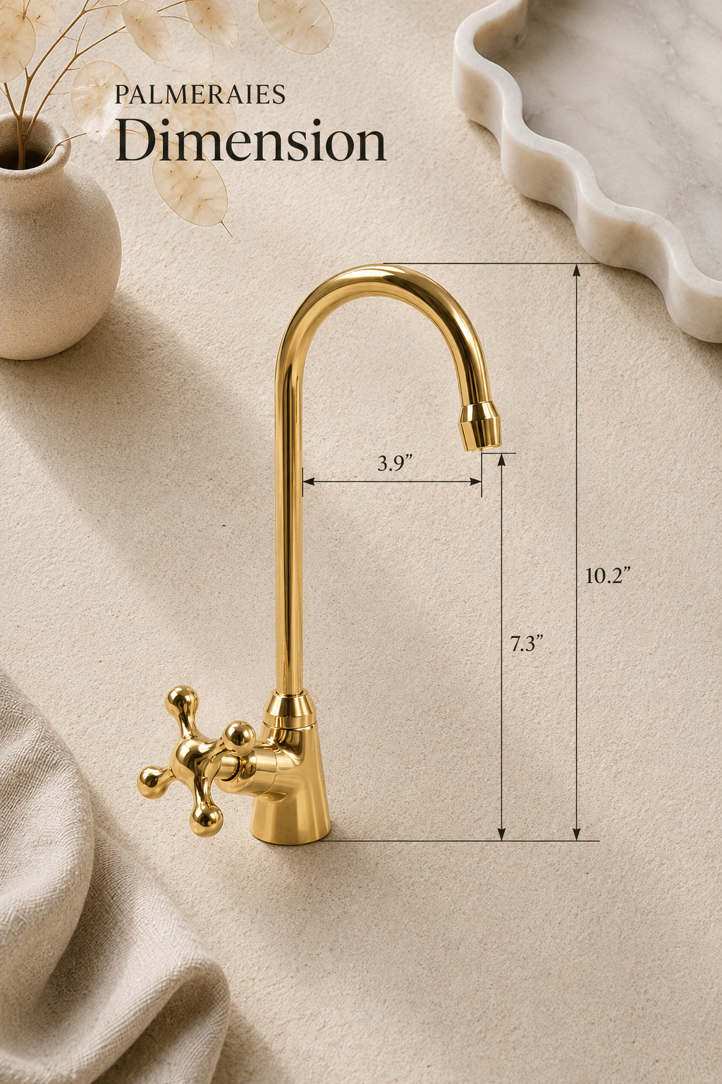 Dimension diagram of a handmade unlacquered brass single-hole kitchen faucet with cross handle, showing overall height, spout reach, and spout clearance.
