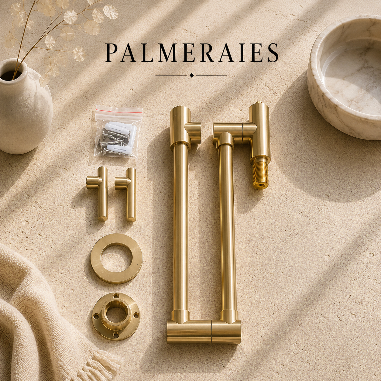 Unlacquered brass wall-mounted pot filler faucet package including swing arms, mounting hardware and installation accessories displayed on a neutral beige background.