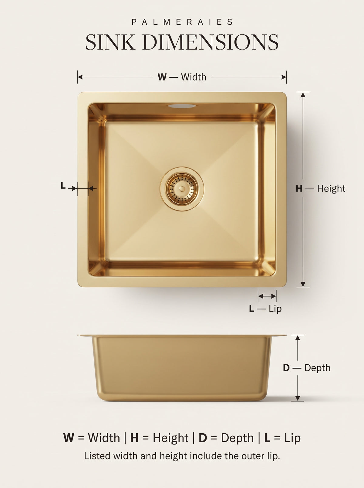 Brass sink dimension diagram with top and side views marking width, height, lip, and depth, noting that listed sizes include the outer lip.