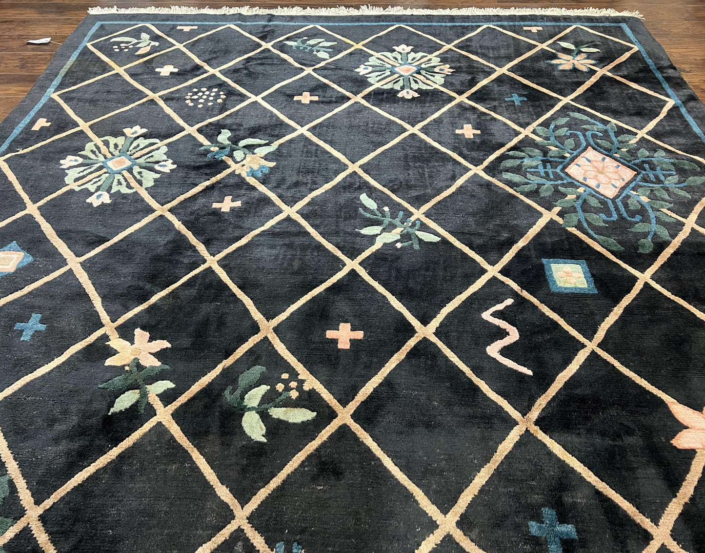 Hand Knotted Tibetan Rug 9x12 Black And Tan Contemporary Nepalese Area Rug