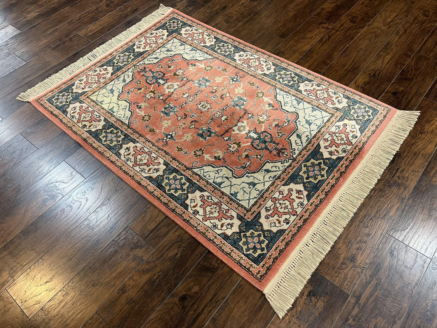 Karastan Rug 4x6 Bergama Design #737, Karastan Area Rug, Vintage Wool Karastan Carpet, Original Collection 700 Series, Salmon Red Light Blue