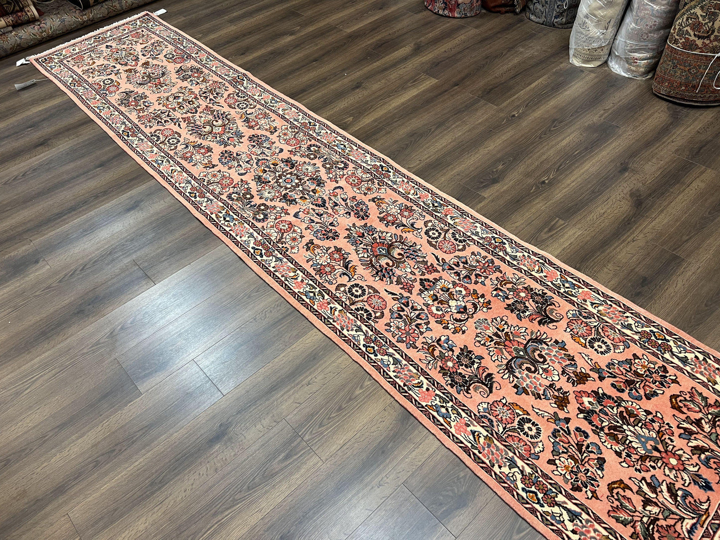 Persian Runner Rug 2.9 x 13.6, Semi Antique Vintage Persian Sarouk Hallway Rug, Wool Oriental Runner, Salmon and Cream, Floral Allover Hand Knotted