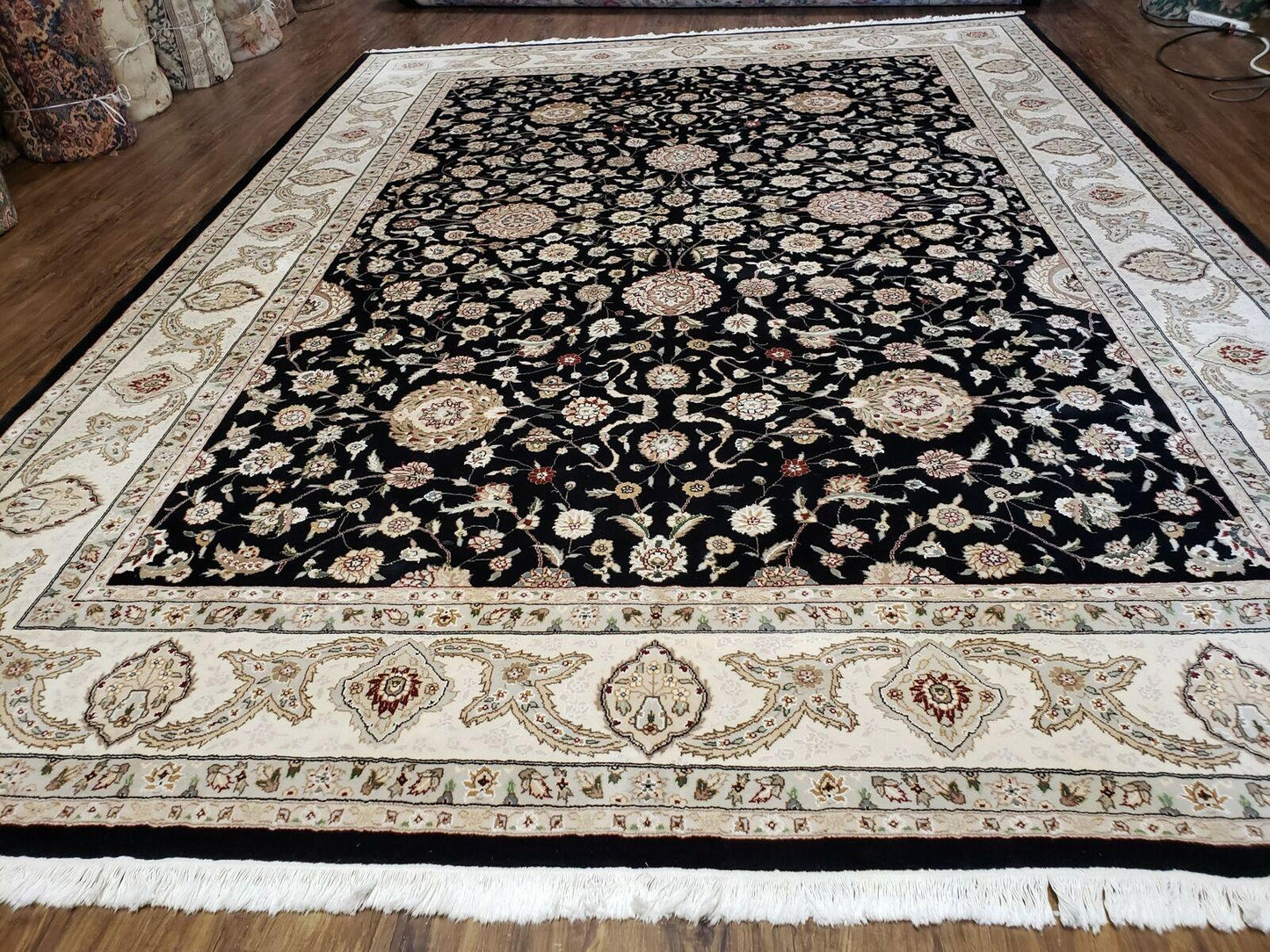 Vintage Wool Rug Oriental Floral Silk Highlights Black Handmade 8 Ft 5 In By 11 Ft 6 In