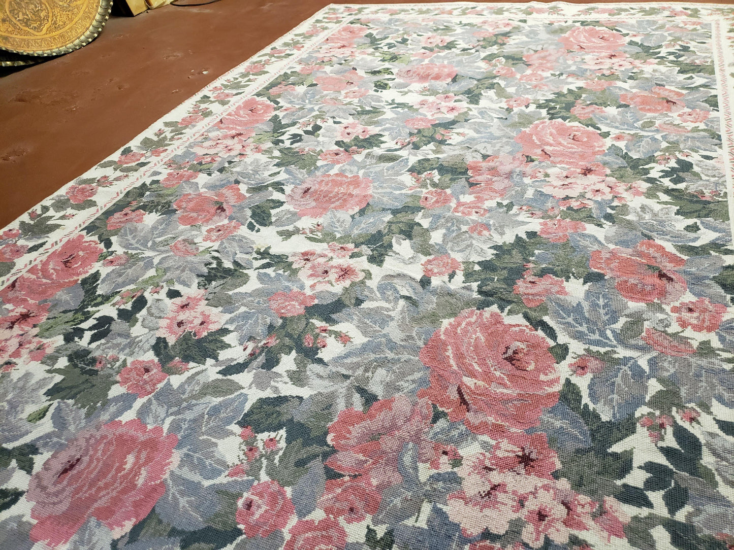 Needlepoint Rug 5 Foot 4 Inch By 8 Foot 3 Inch Wool Flat Weave Floral Ivory Pink Flowers Green Leaves