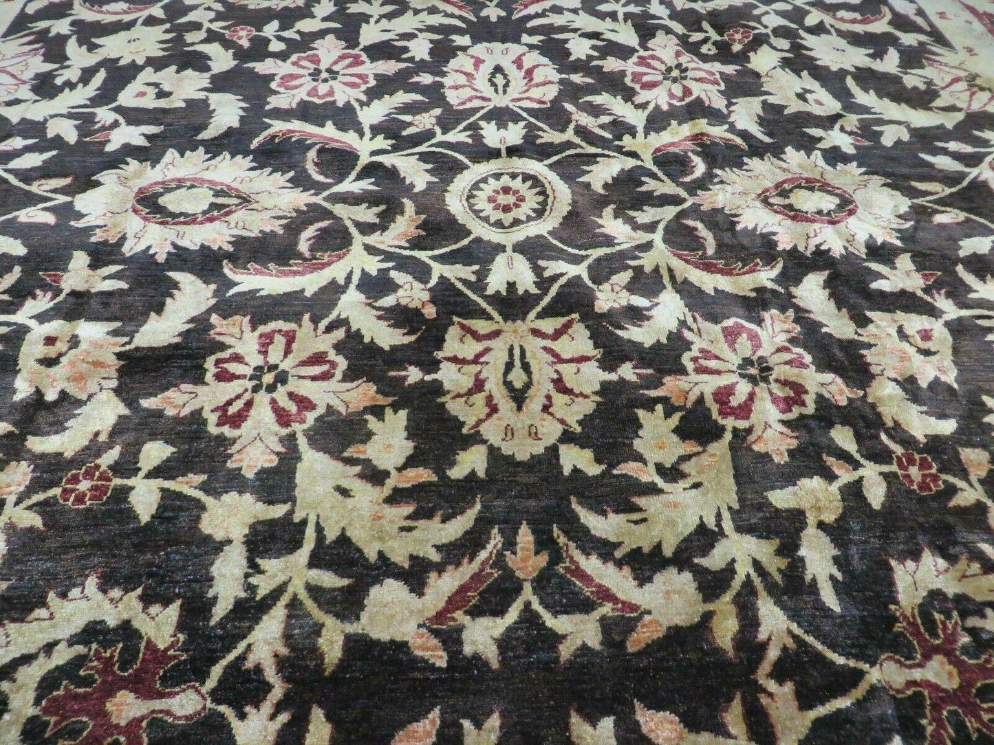 11' X 15' Vintage Hand Knotted Indian Agra Wool Rug Hand Made Dark Brown Floral