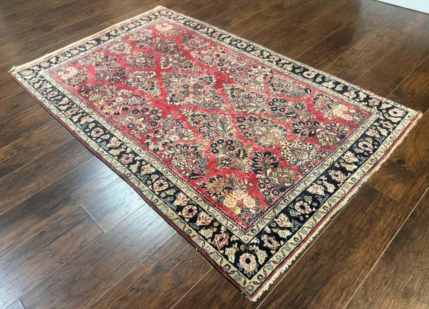 Antique Persian Sarouk Rug 4x7 Floral Red Wool Carpet 1920s