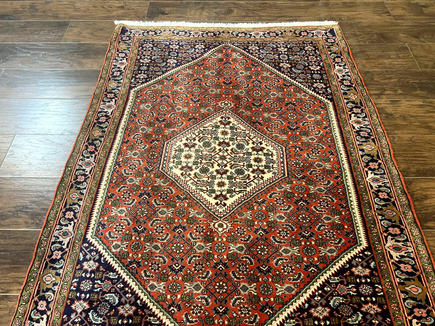 Persian Bidjar Rug 4x5, Finely Hand Knotted Vintage Carpet, Red and Navy Blue, Handmade Wool Rug, 180 KPSI