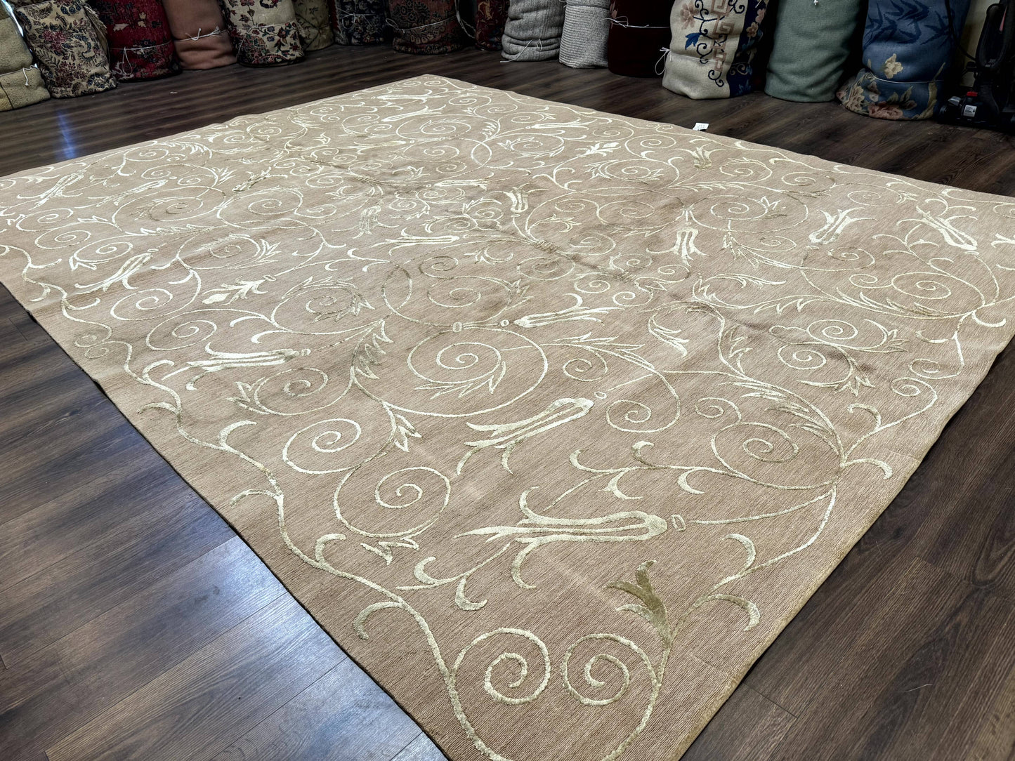 Tibetan Rug Hand Knotted Wool Silk 9x12 Beige Modern Handmade Carpet