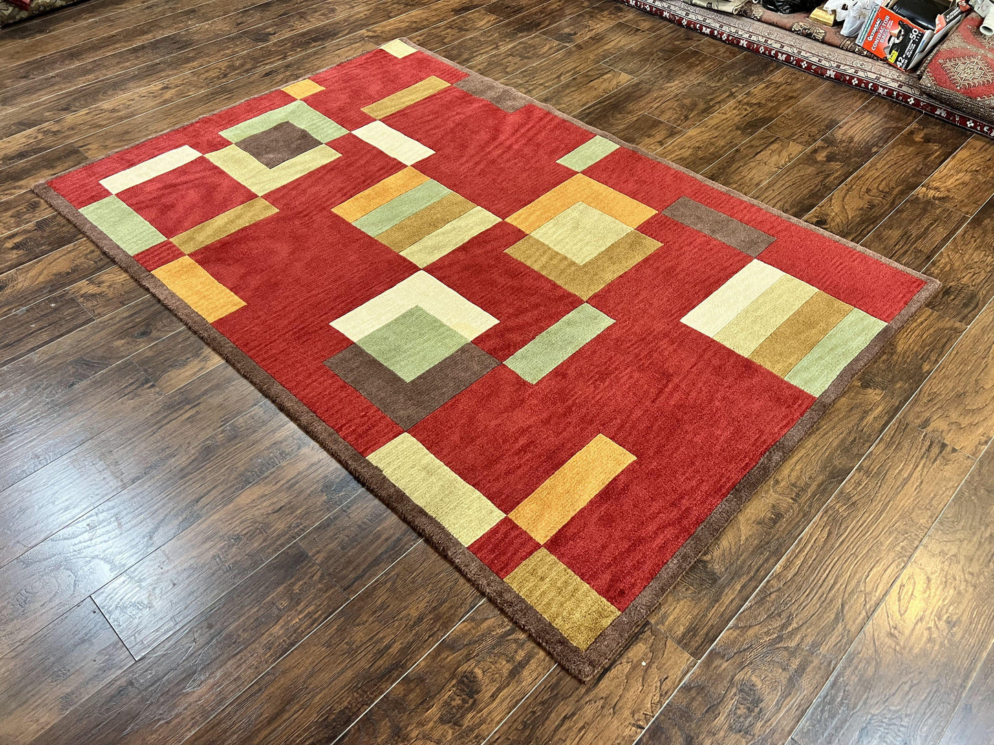 Indo Tibetan Modern Rug 5x8, Abstract Rug 5 x 8 ft, Red Multicolor Wool Handmade Contemporary Area Rug