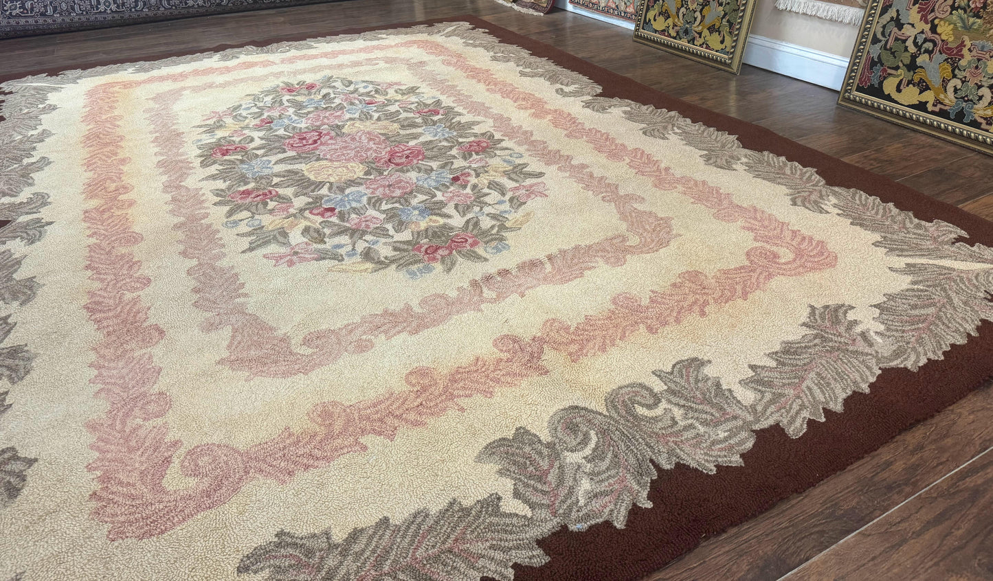 American Hand Hooked Rug 9x12 Vintage Aubusson Wool Carpet