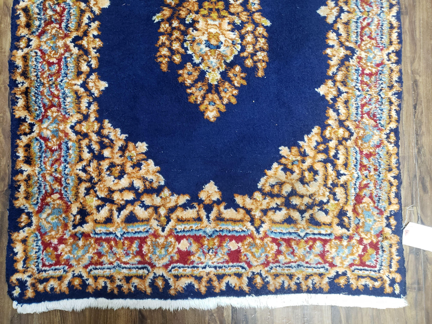 Semi Antique Dark Blue Persian Kerman Runner Hand Knotted Wool Open Field Medallion