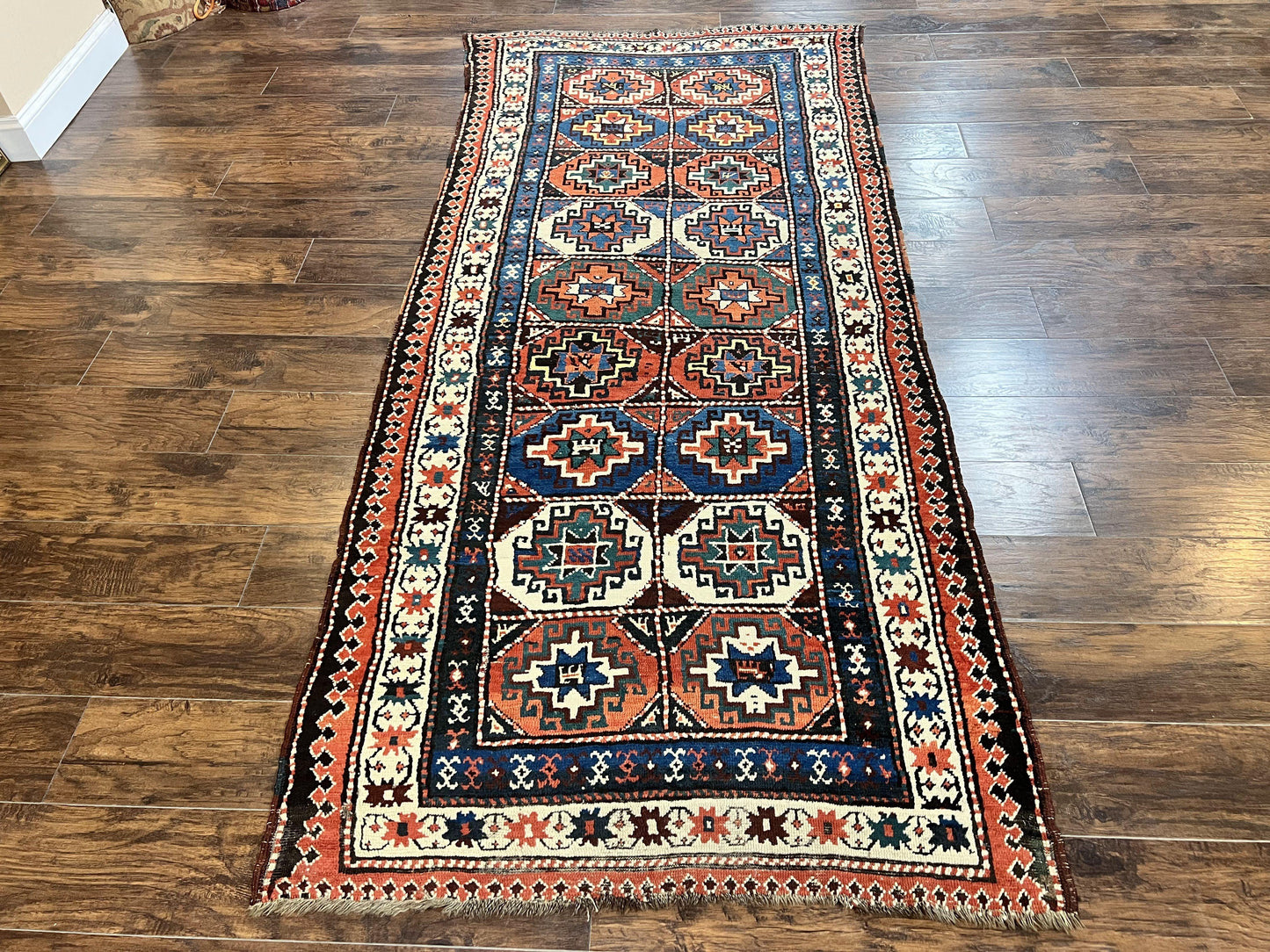 Antique Caucasian Kazak Runner Rug 4 x 9.5, Handmade Wool Rug for Hallway, Rare Colorful Panel Design Mid 19th Century 1870s Oriental Carpet