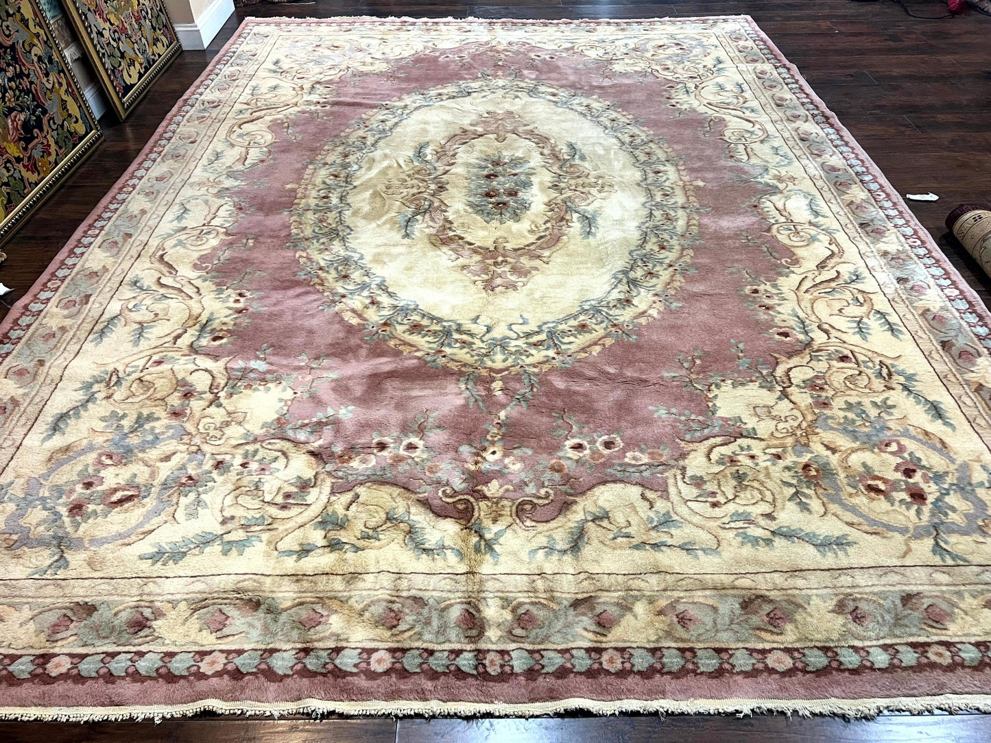 Indo Chinese Aubusson Wool Rug 10x14, Pink and Cream, Handmade Vintage Wool Carpet, Elegant European Design