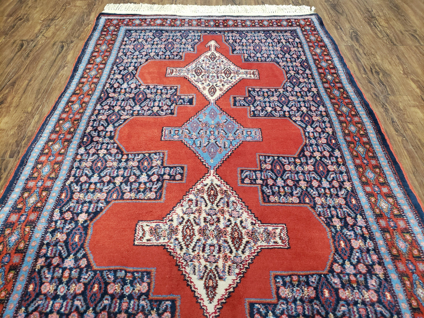 Senneh Wool Area Rug 4x6 Handmade Kurdish Carpet Vegetable Dyes Red Blue