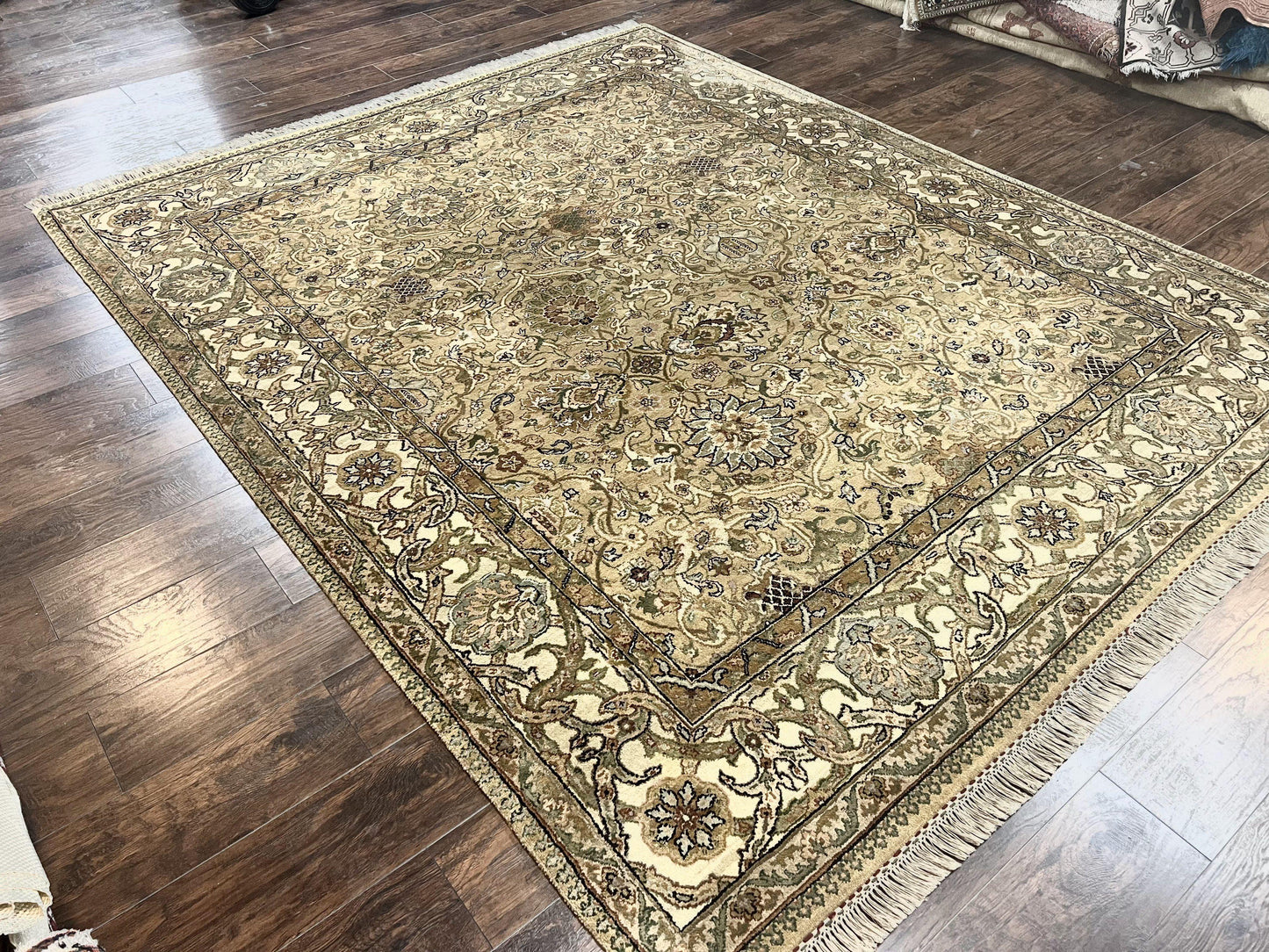 Indo Mahal Rug 8x10 Handmade Wool Indo Persian Carpet With Floral Olive Green Accents