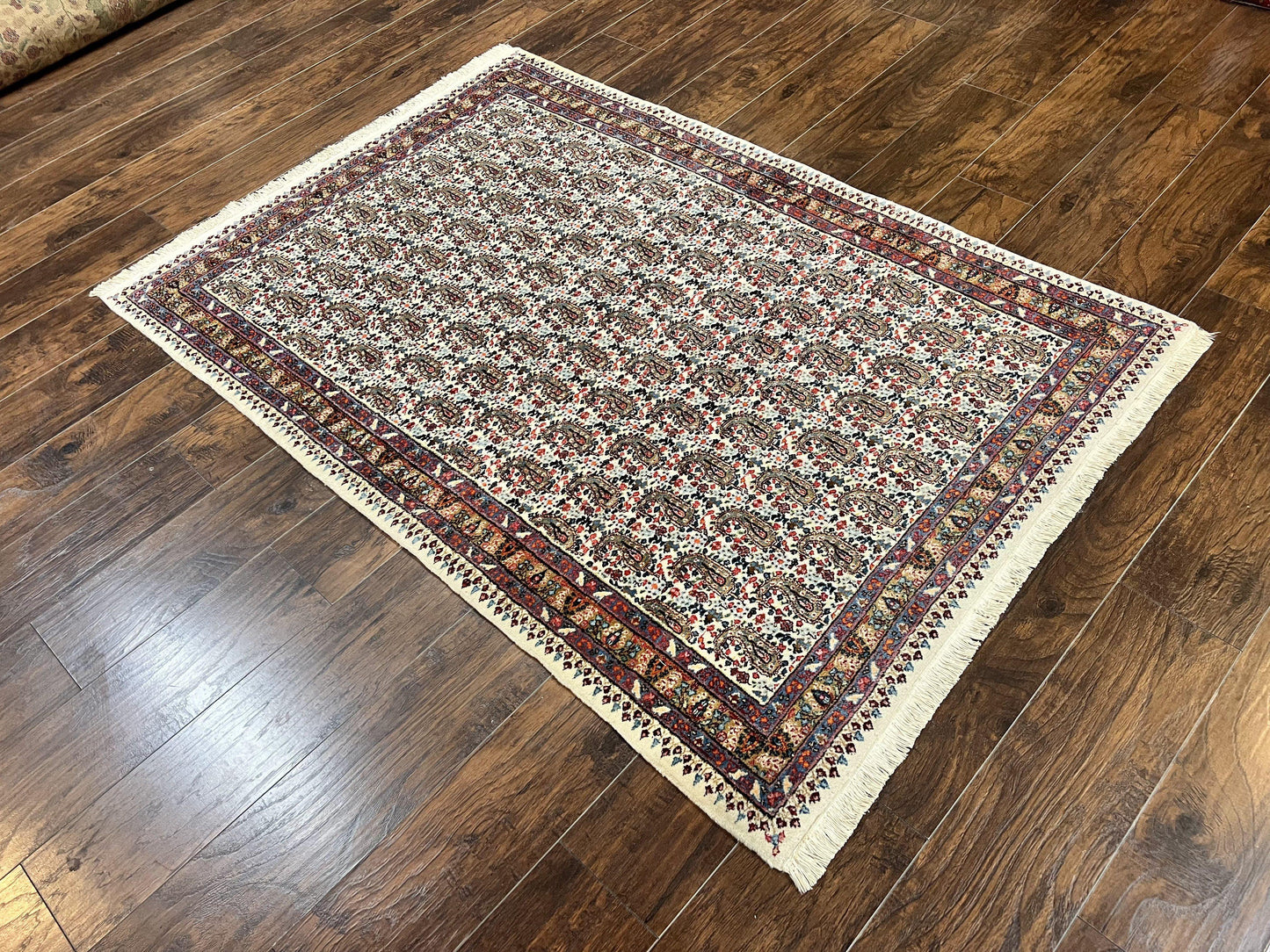 Persian Rug 4x6 Hand Knotted Ivory Mashad Kashmar Boteh Paisley Design