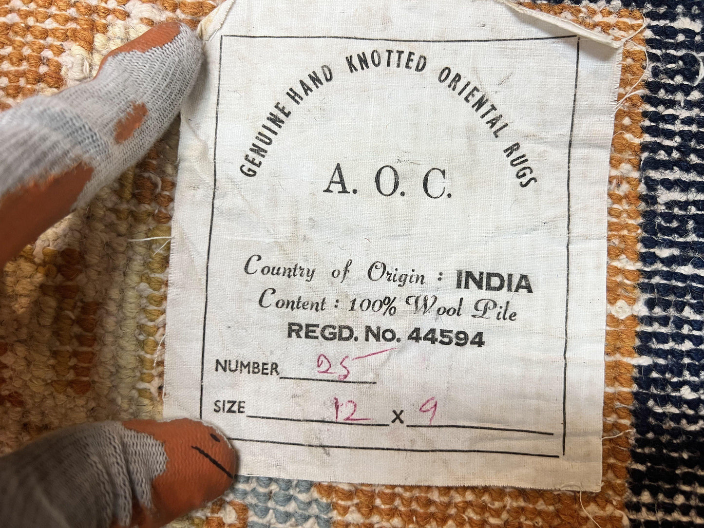 Indo Chinese Rug 9x12, Asian Oriental Carpet 9 x 12, Cream & Burnt Orange, Handmade Wool Vintage Art Deco Rug