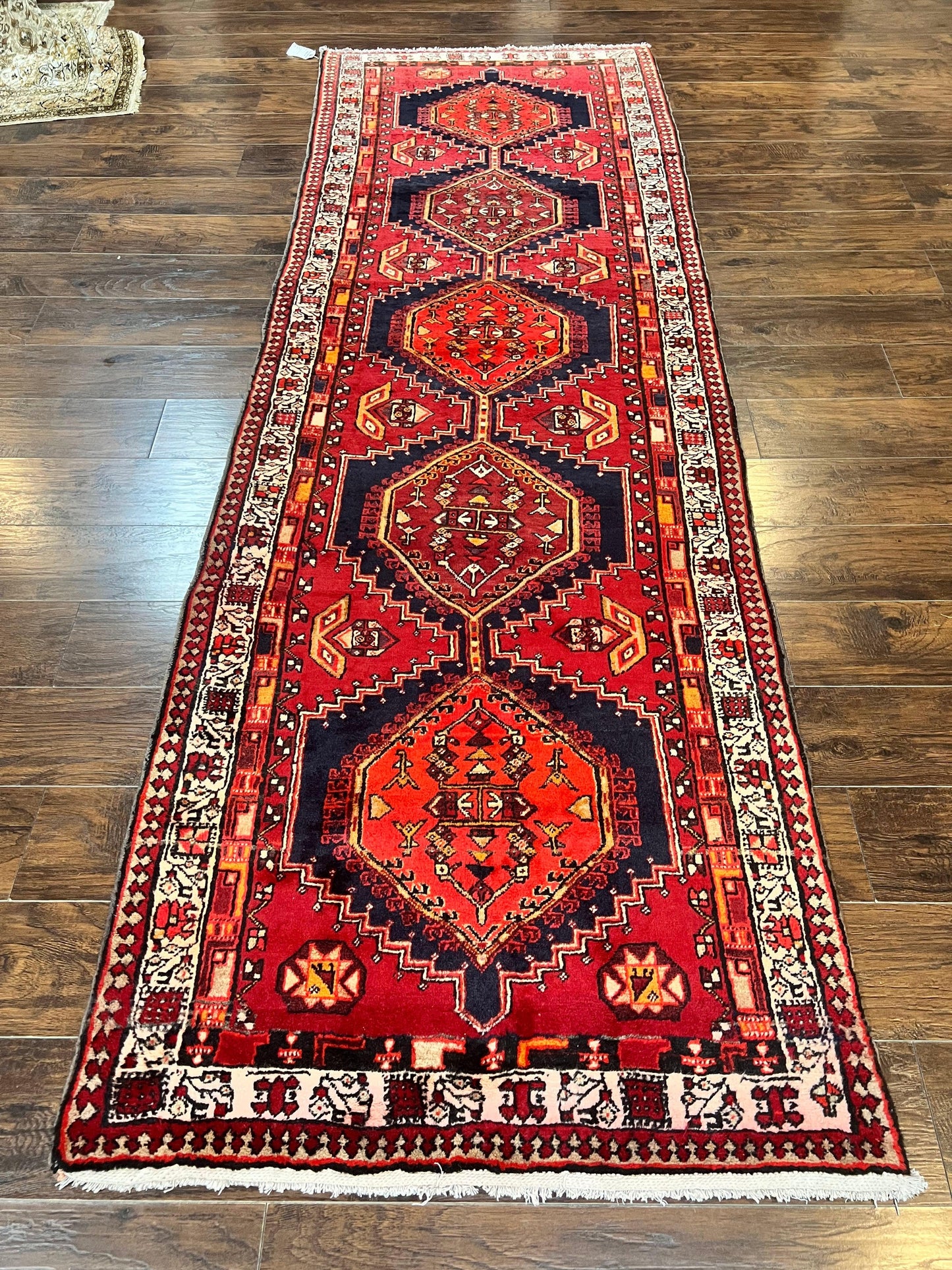 Persian Heriz Runner Rug 3.7 x 11, Persian Tribal Runner, Handmade Wool, Medallions, Geometric, Red, Antique Vintage Hand Knotted Rug
