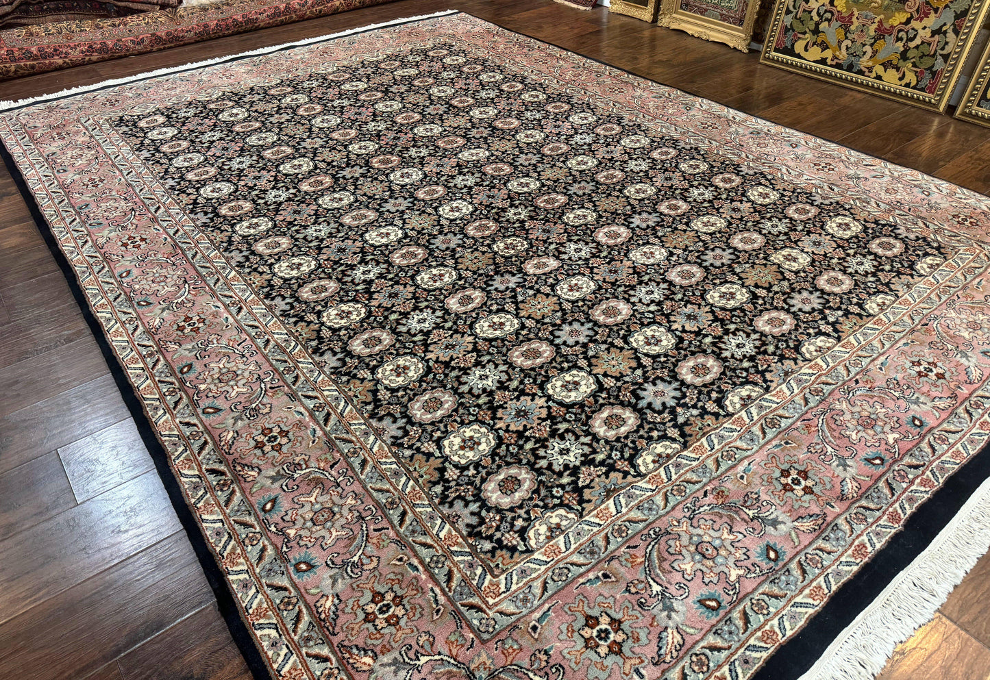 Indo Persian Rug 9x12, Vintage Handmade Wool Carpet, Repeated Allover Motif, Navy Blue and Pink