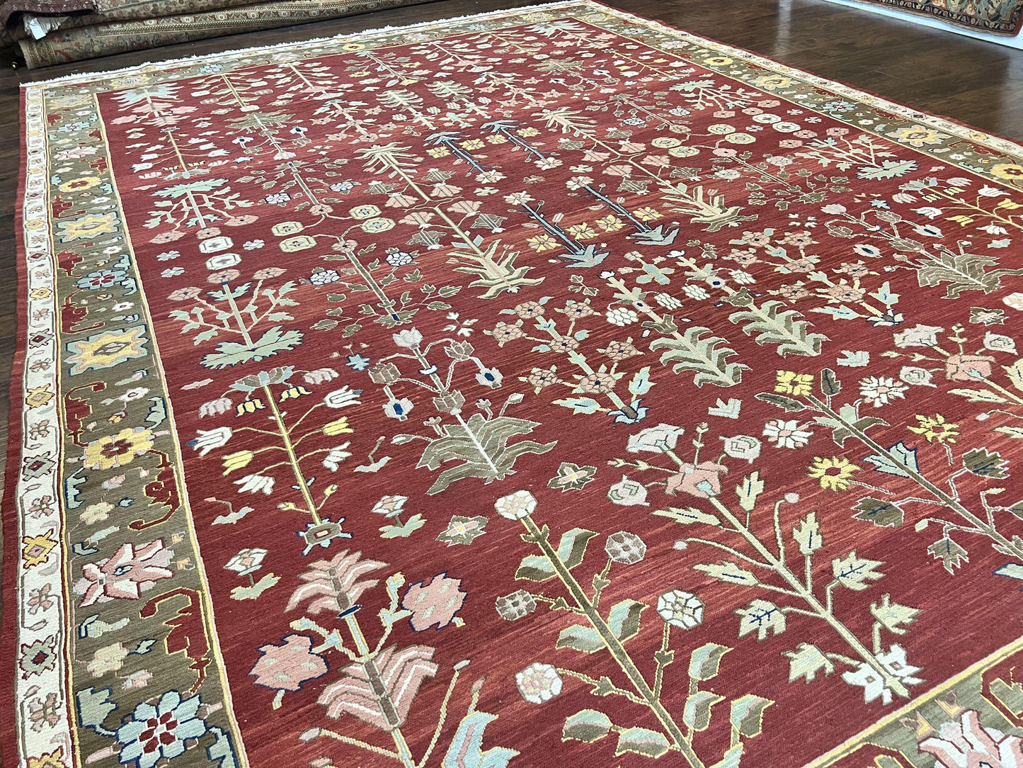 Indian Rug 10x14, Wool Hand Knotted Flatweave Carpet, Tree of Life, Red and Green