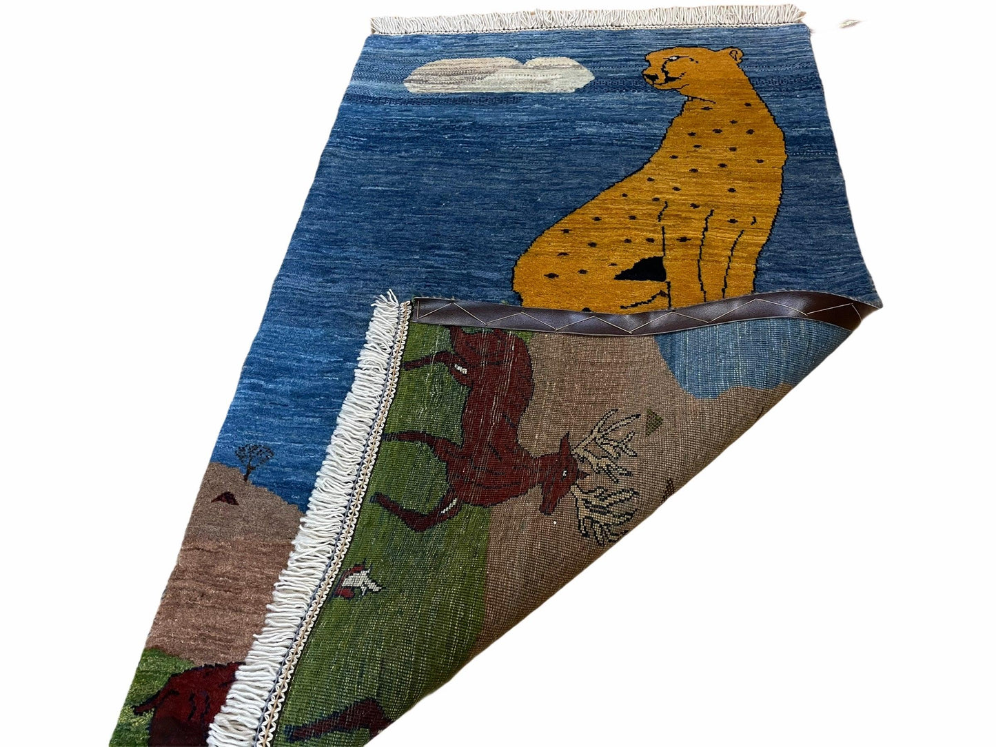 Handmade Wool Rug Lion Scene Vintage Blue 3x5 Hand Knotted