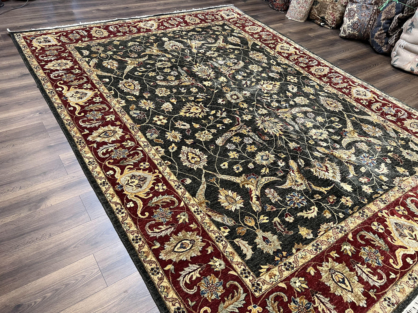 Pak Persian Mahal Rug 9x12, Allover Floral Pakistani Oriental Carpet 9 x 12, Wool Hand Knotted Area Rug, Dark Slate Gray-Black and Maroon