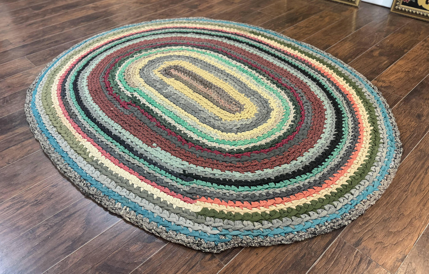 Antique Braided Wool Rug 5x7 Oval Multicolor Handmade American Carpet