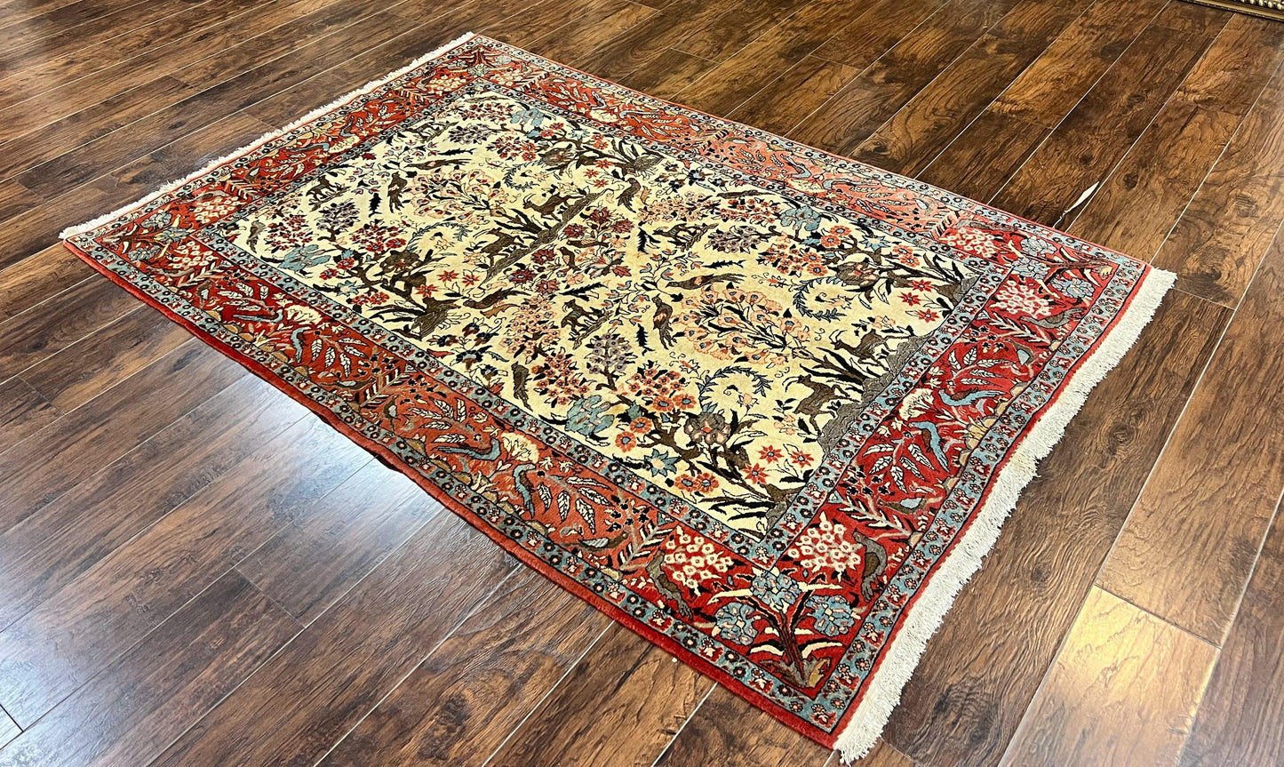 Persian Tree of Life 5x7, Qum Rug, Animal Motifs, Deer Birds, Fine 225 KPSI, Semi Antique Wool Rug, Cream Red