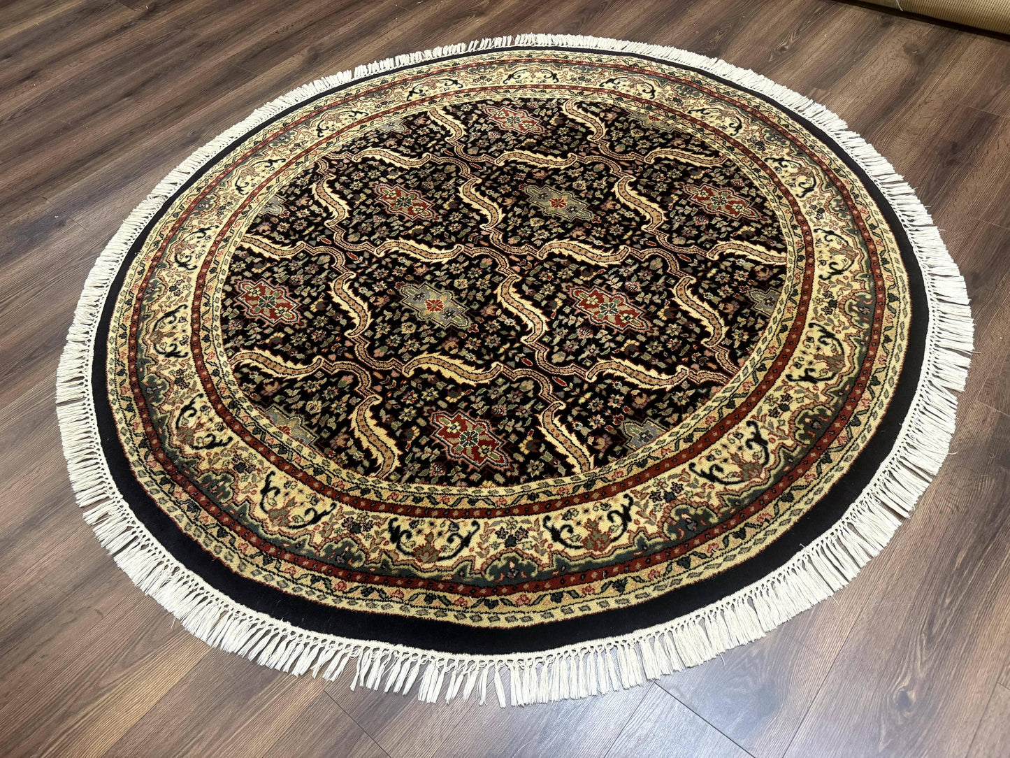 Indo Persian Bidjar Rug Round 6x6 Wool Hand Knotted Navy Blue Beige