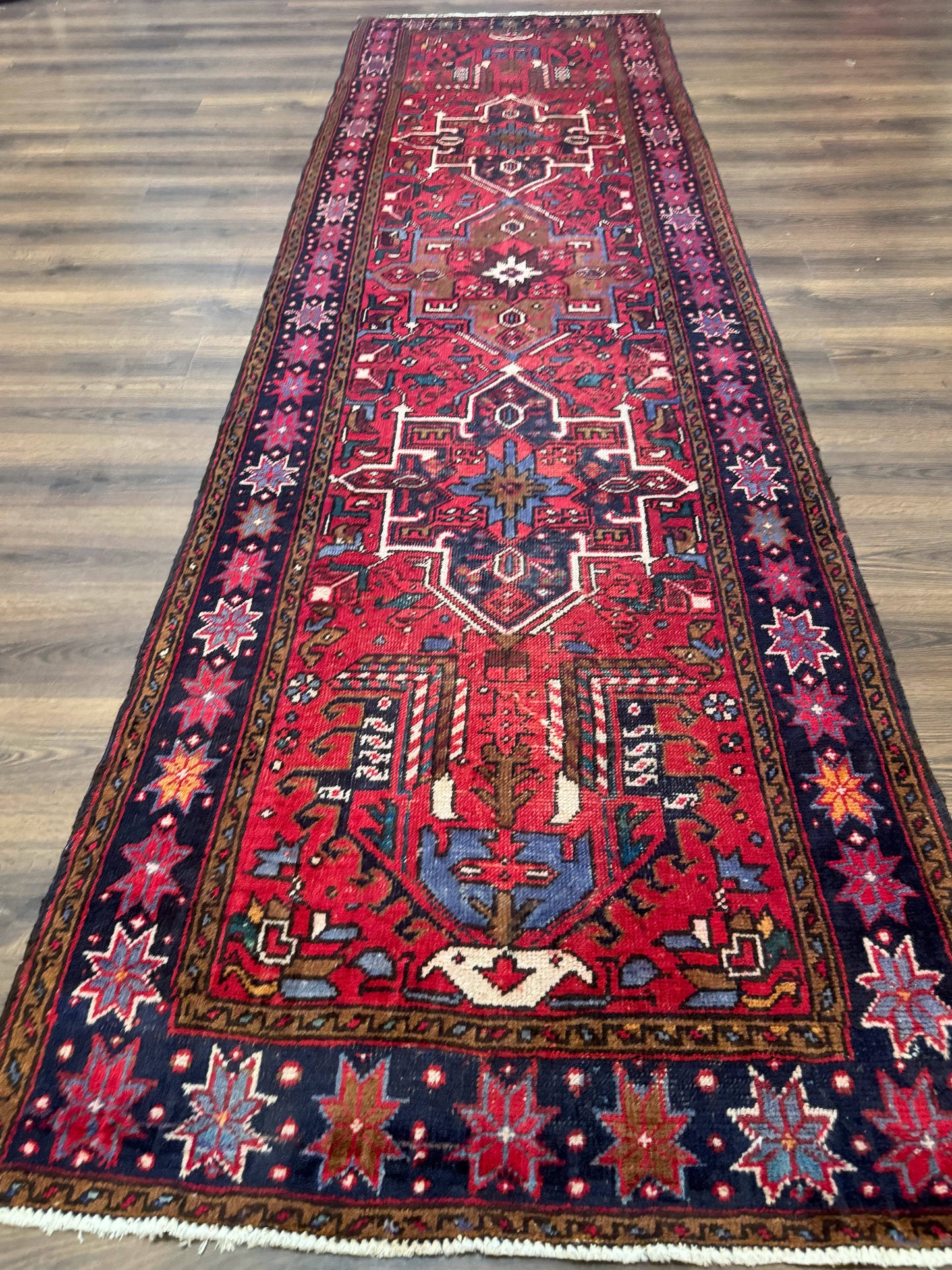 Persian Heriz Karajeh Runner Rug 3.7 x 12, Geometric Medallions, Red and Navy Blue