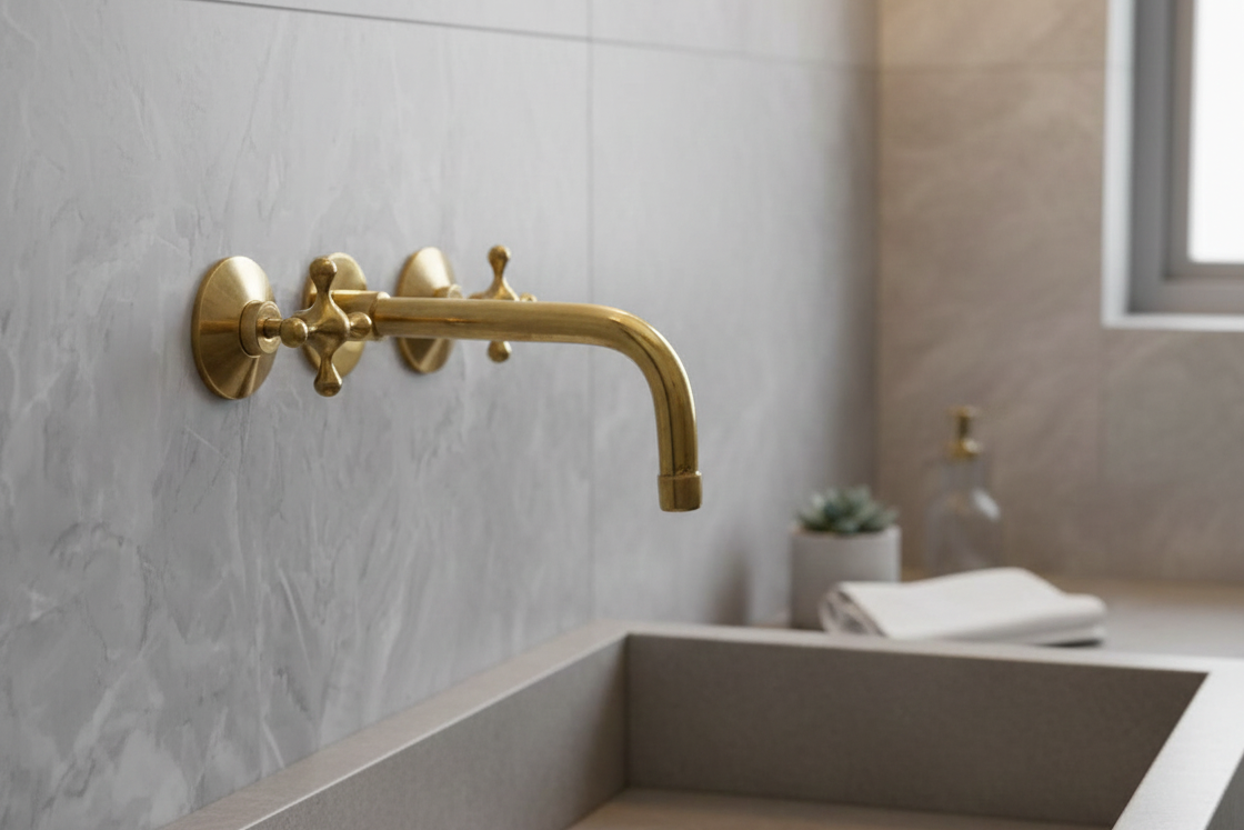 Gold faucet mounted on a gray tiled wall in a bathroom setting.