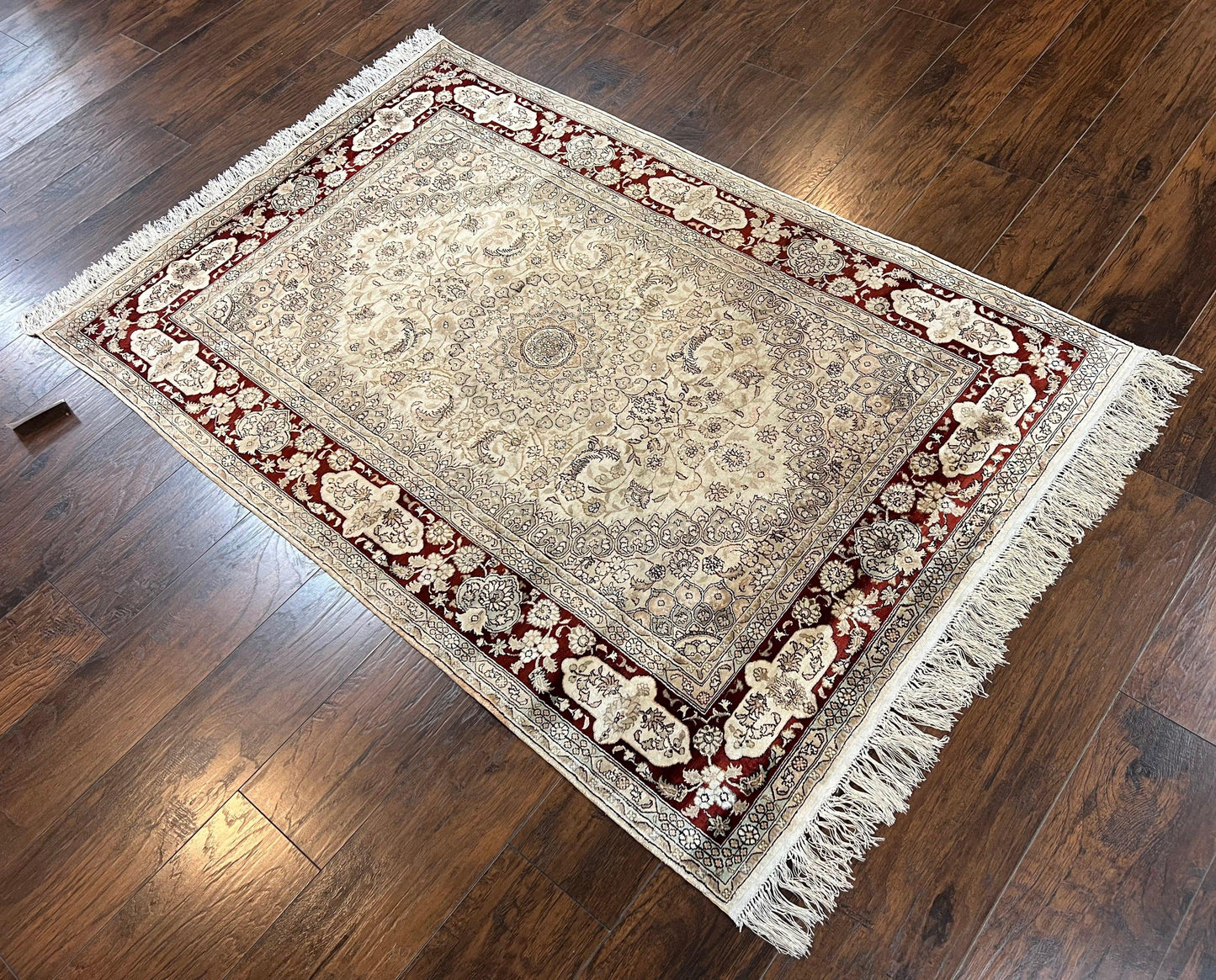 Silk Indian Kashmiri Rug 4x6 ft, Floral Medallion Hand Knotted Handmade Oriental Carpet, Vintage, Cream Burgundy, Very Fine Silk Rug 4 x 6