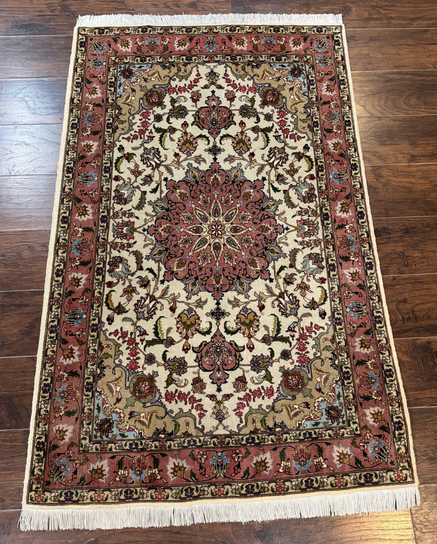 Fine Persian Tabriz Rug 3x5, Floral Medallion, 340 KPSI, Ivory Salmon