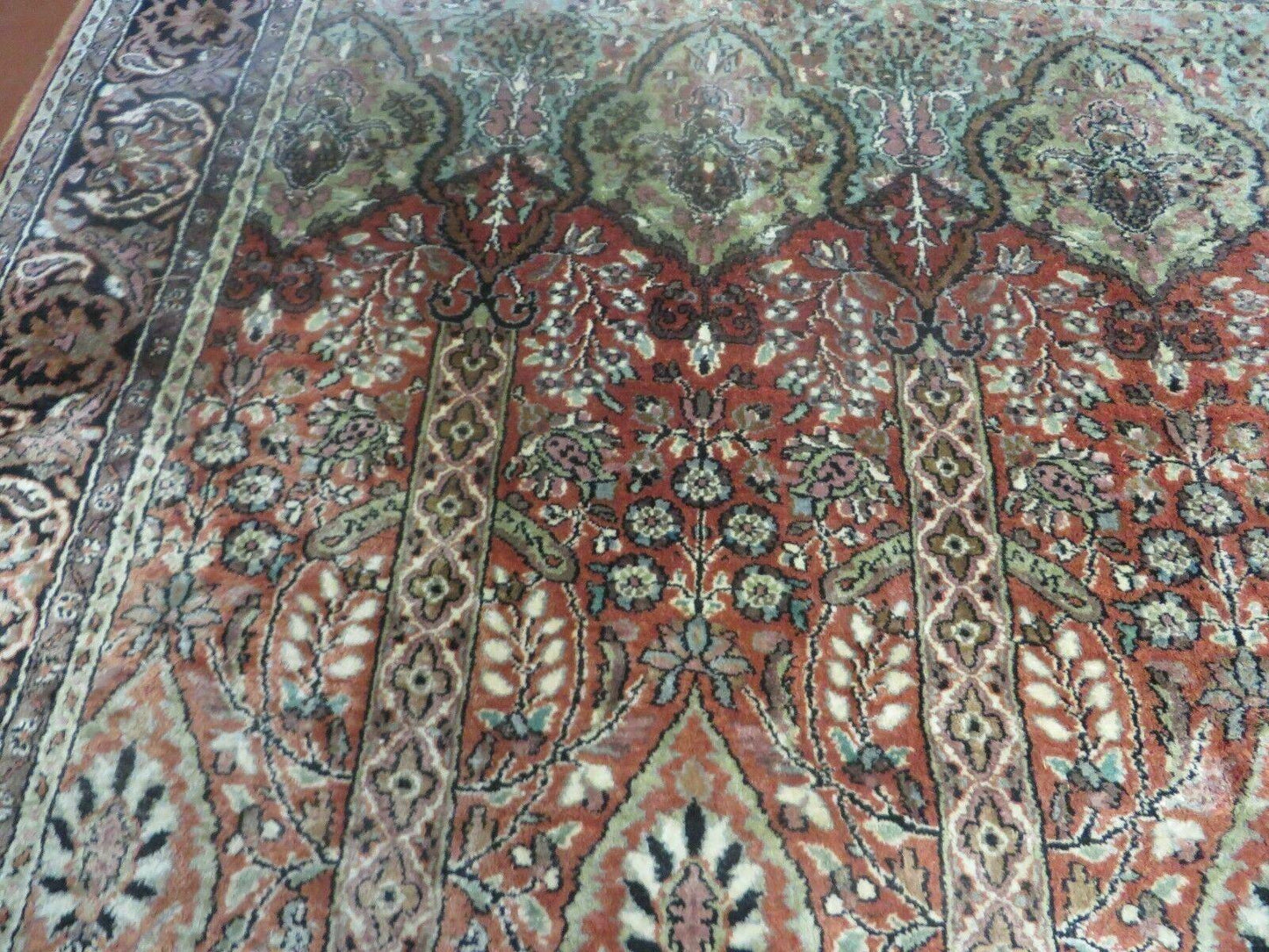 Vintage Indian Silk Rug Kashmir Handmade 6x6 Square Carpet