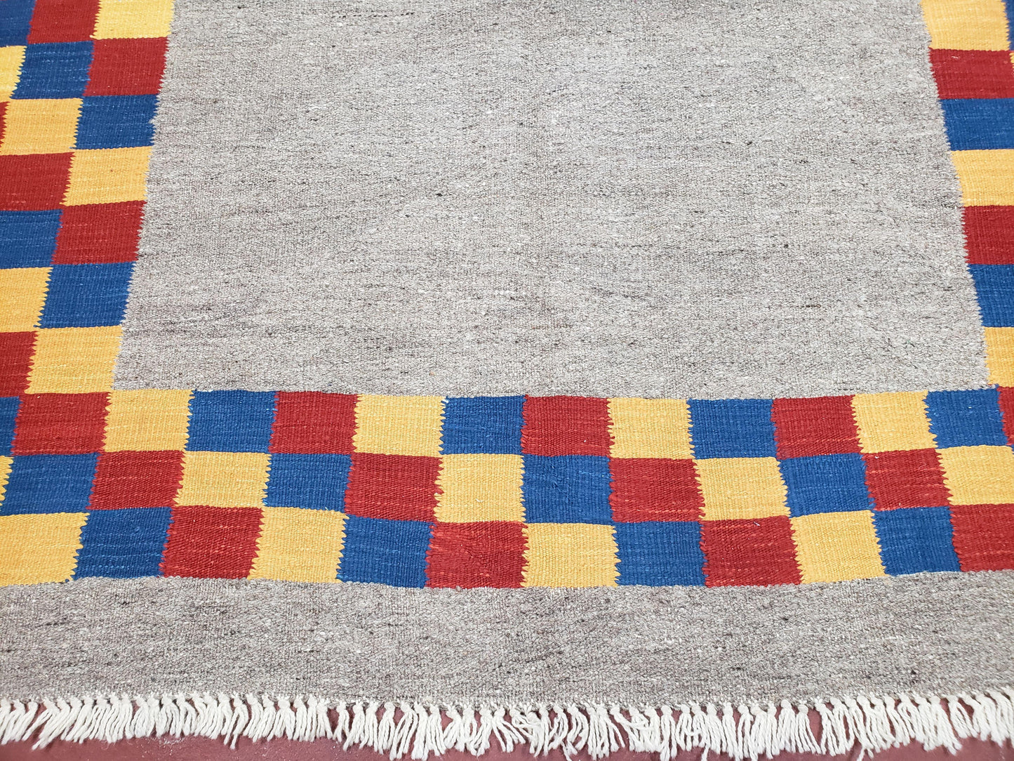 Turkish Kilim Rug Hand Knotted Wool Area Rug 5 Ft 6 In By 8 Ft Gray With Colorful Checker Border