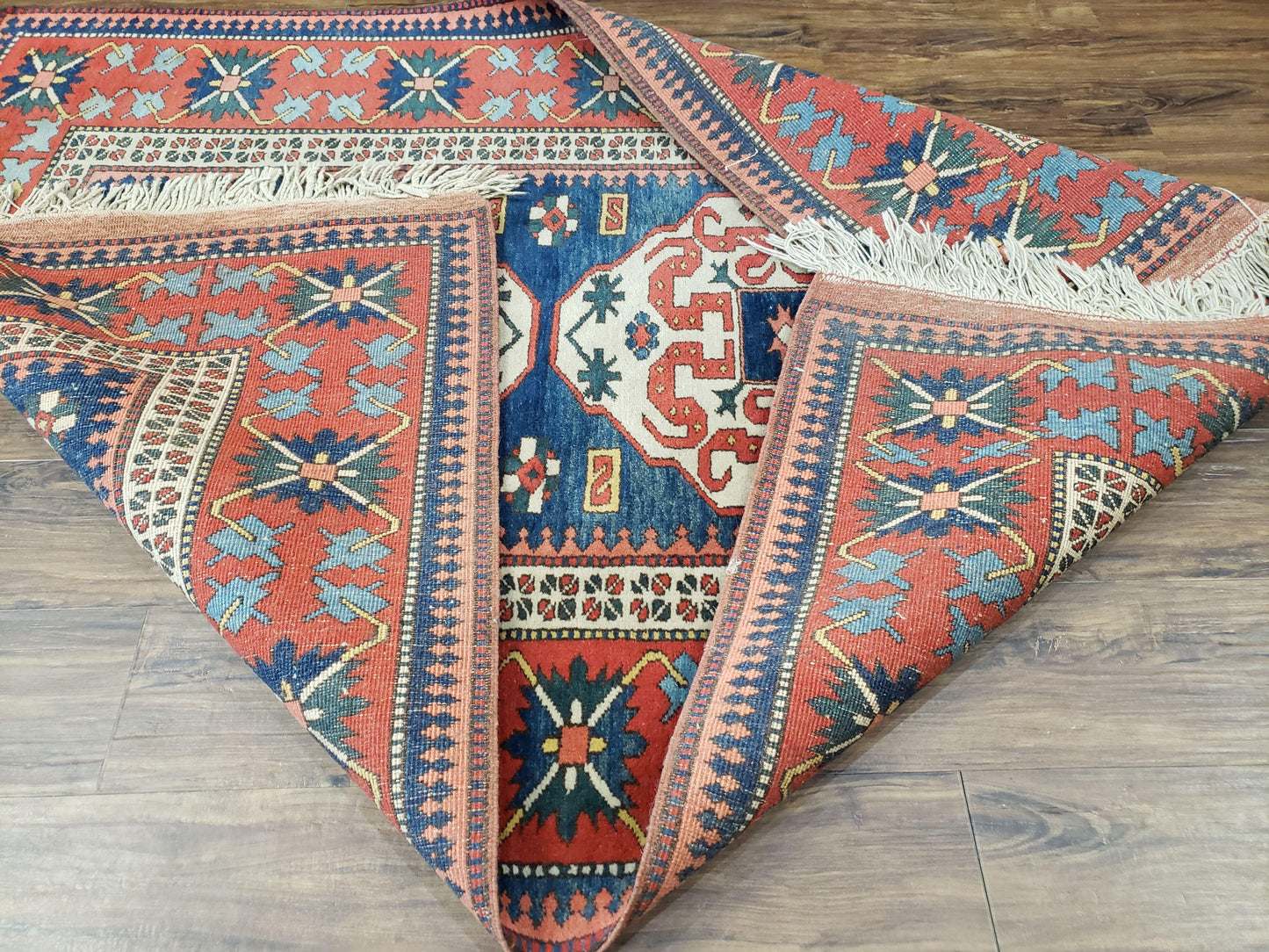 Turkish Kazak Rug 5x6 Vintage Handmade Wool Carpet With Geometric Blue Red Design