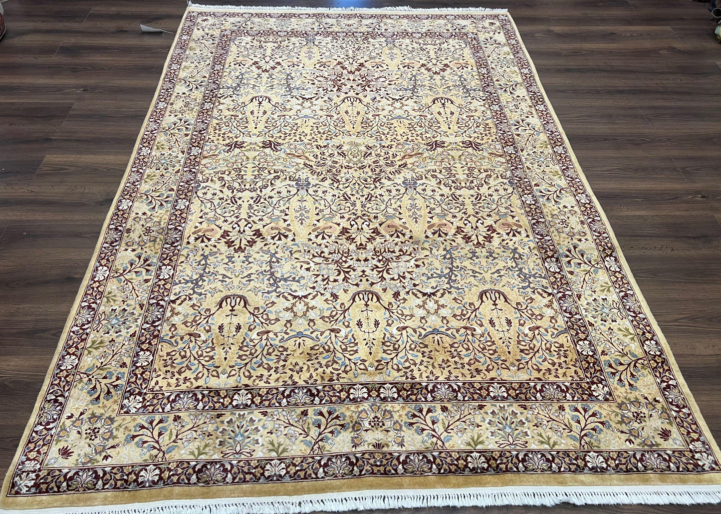Pretty Indo Persian Rug 6x9, Allover Floral Motif with Birds, Tan/Cream, Very Fine Oriental Carpet, Hand Knotted Vintage Indian Wool Rug