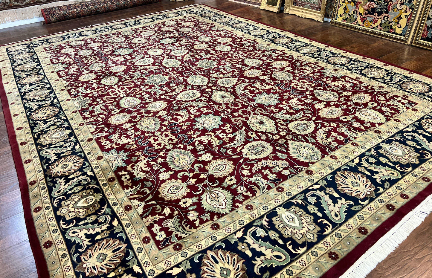 Indo Persian Rug 10x14, Floral Allover, Maroon, Handmade Hand Knotted VIntage Wool Rug, Large Oriental Carpet