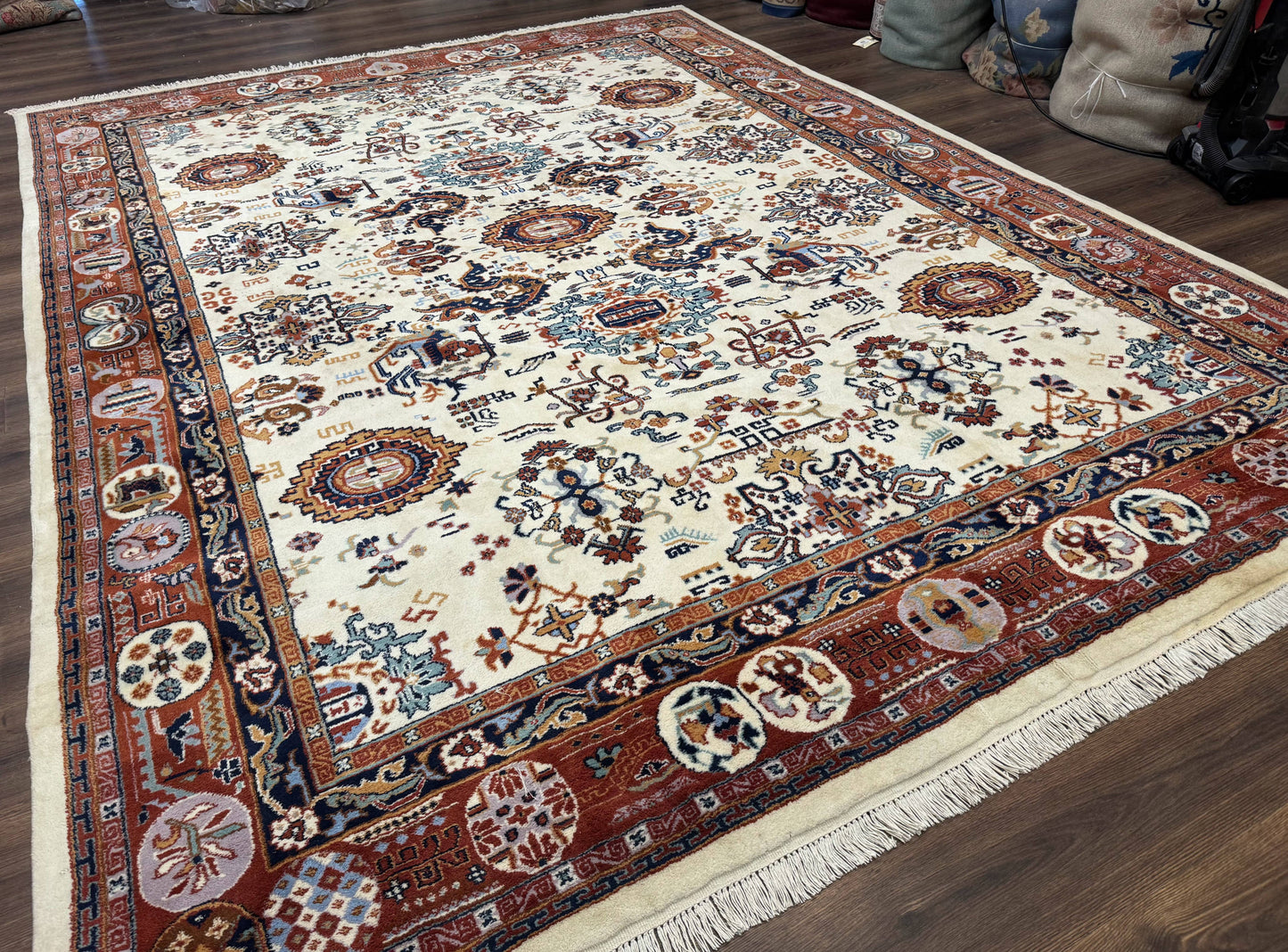 Indo Chinese Wool Rug 9x12 Ivory And Rust Red Dragon Motifs Hand Knotted